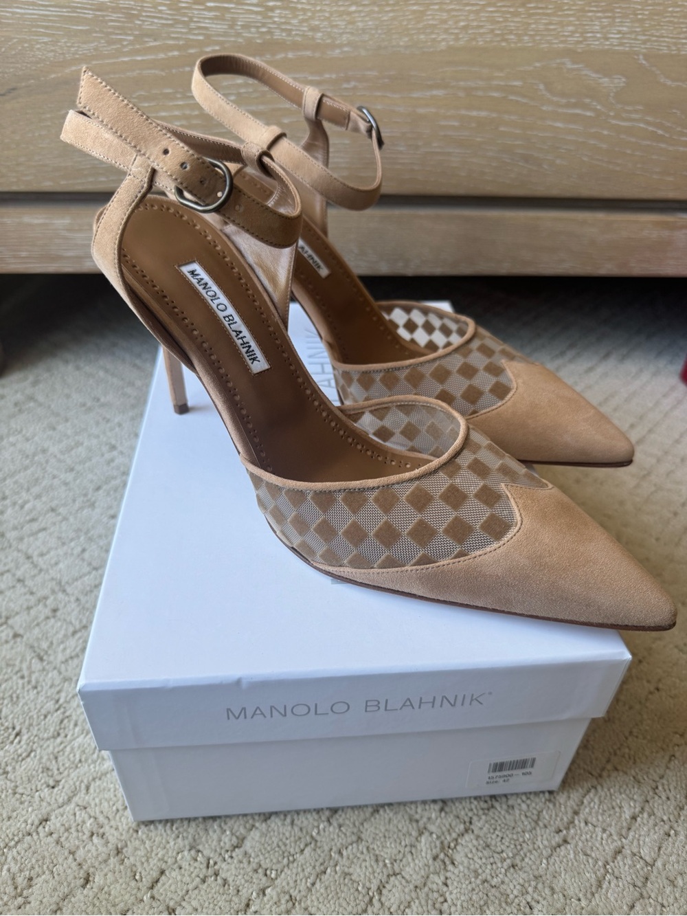 Manolo Blahnik Beige/Tan Suede Mesh Pointed-Toe Ankle-Strap Pumps